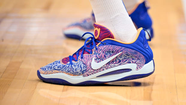 View of blue and white Nike KD shoes.
